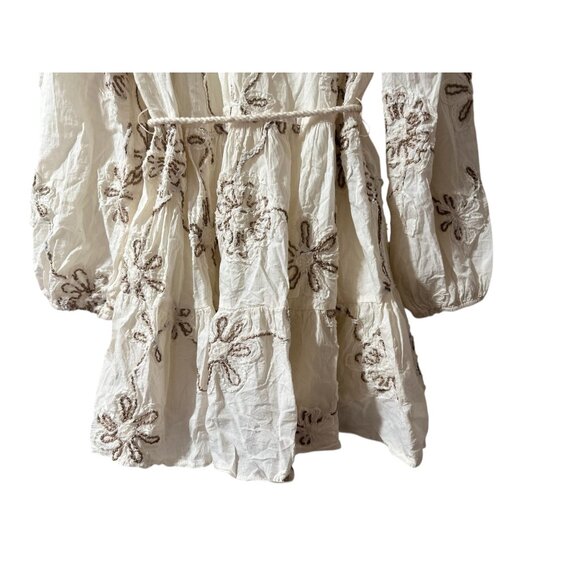 Camellia Embroidered 3D Floral Cottage Mini Dress Women Medium Cream Puff Sleeve - Picture 13 of 16